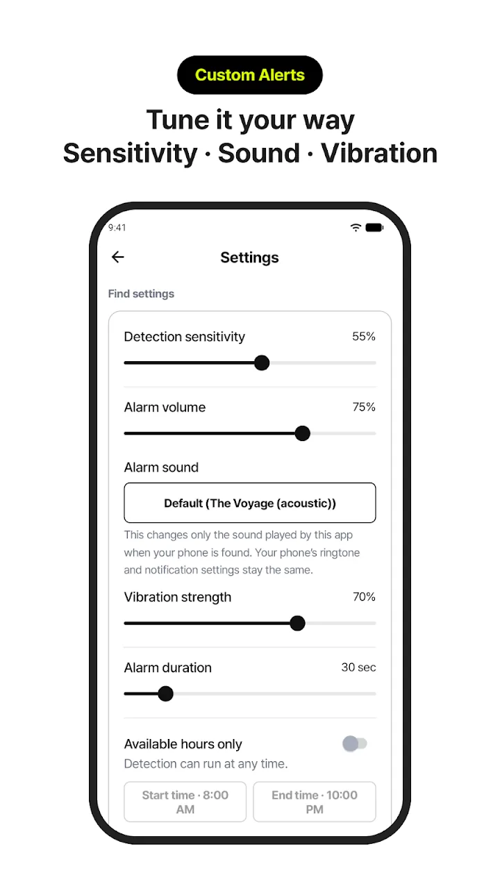 Settings for sensitivity, volume and vibration
