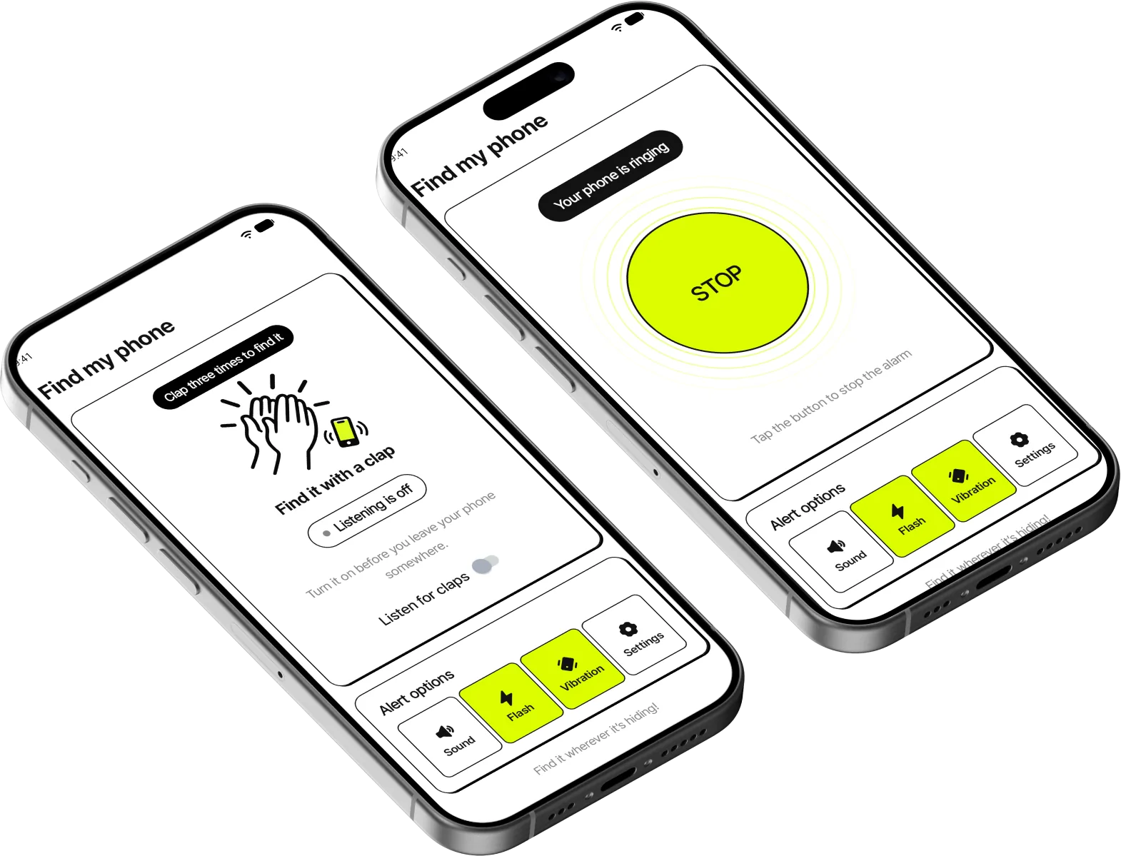 Clap Finder find-my-phone and stop alarm screens