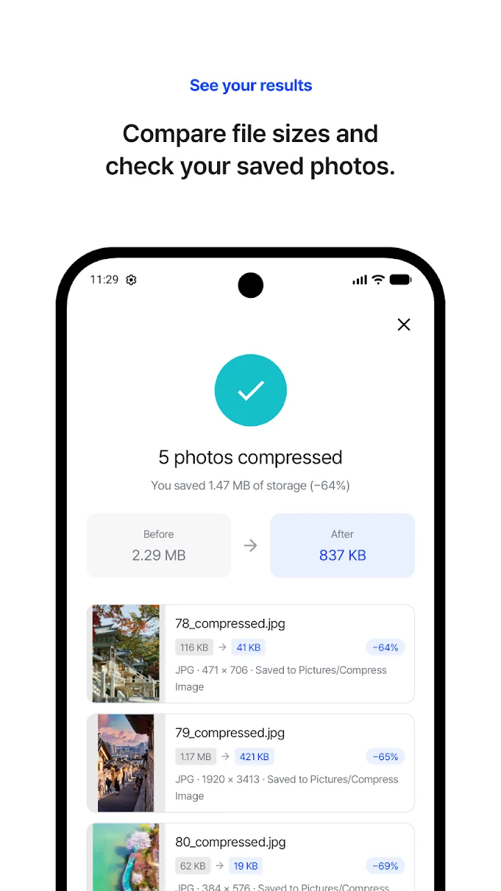 5 photos compressed, 2.29MB down to 837KB
