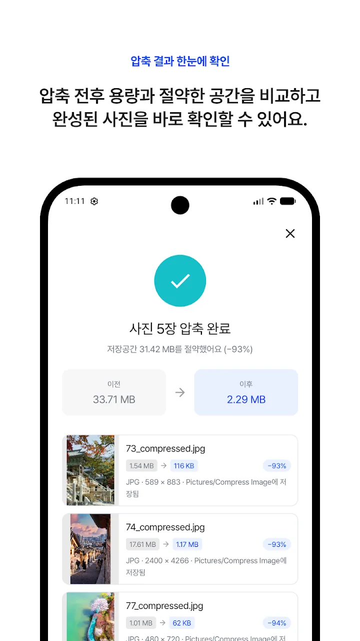 사진 5장 압축 완료, 33.71MB에서 2.29MB로 줄어든 결과 화면