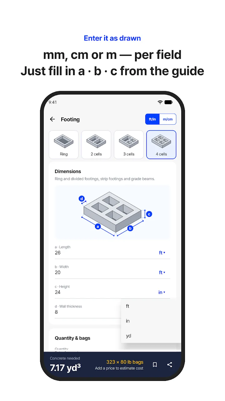 Footing dimension guide with per-field units