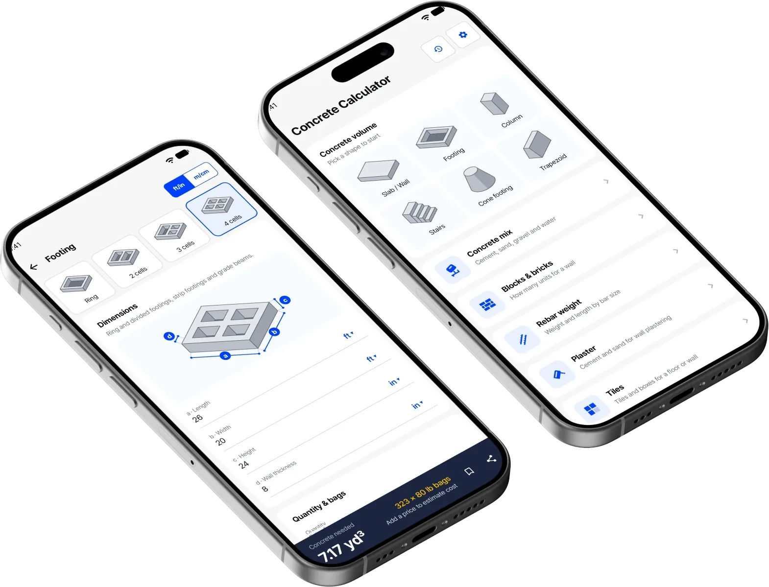 Concrete Calculator shape picker and footing dimension screens