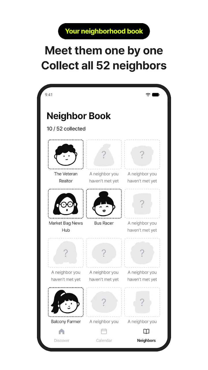 Your neighborhood book - Neighbor book with 52 hand-drawn characters