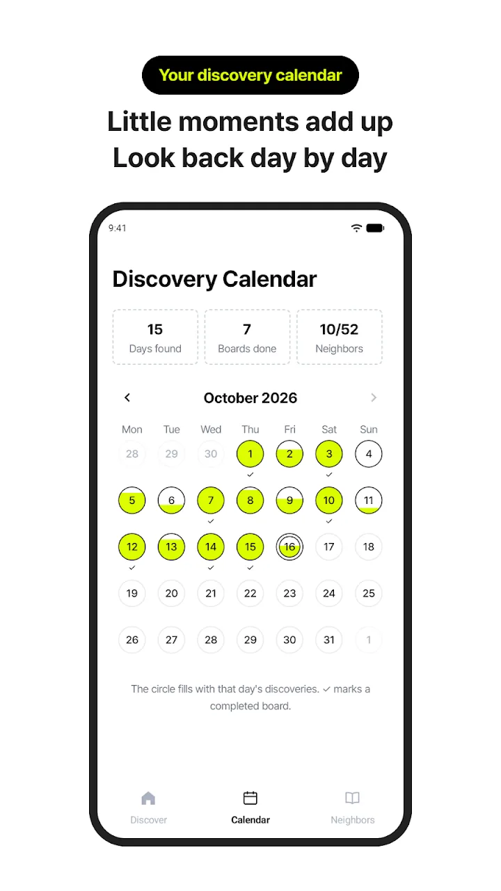 Your discovery calendar - Monthly discovery calendar with progress circles
