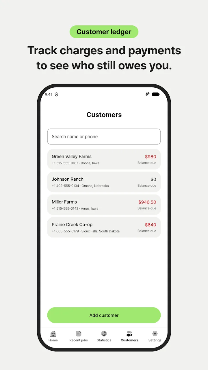 Customer list with balances due