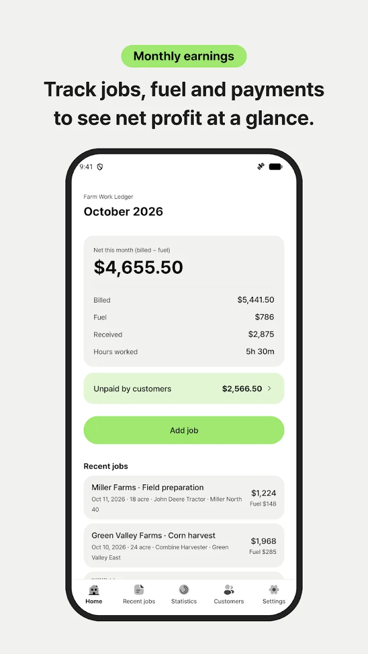 Home screen with monthly net earnings, billed work, fuel and payments