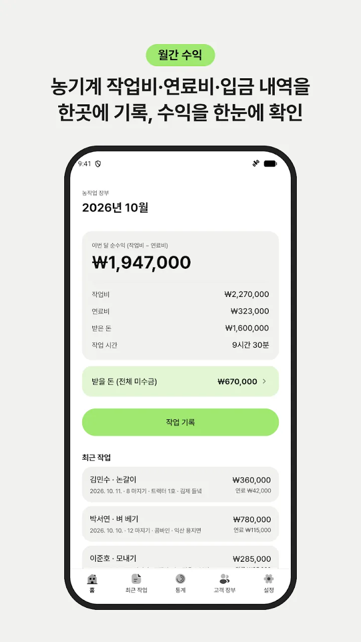 이번 달 순수익과 작업비, 연료비, 받은 돈이 정리된 홈 화면
