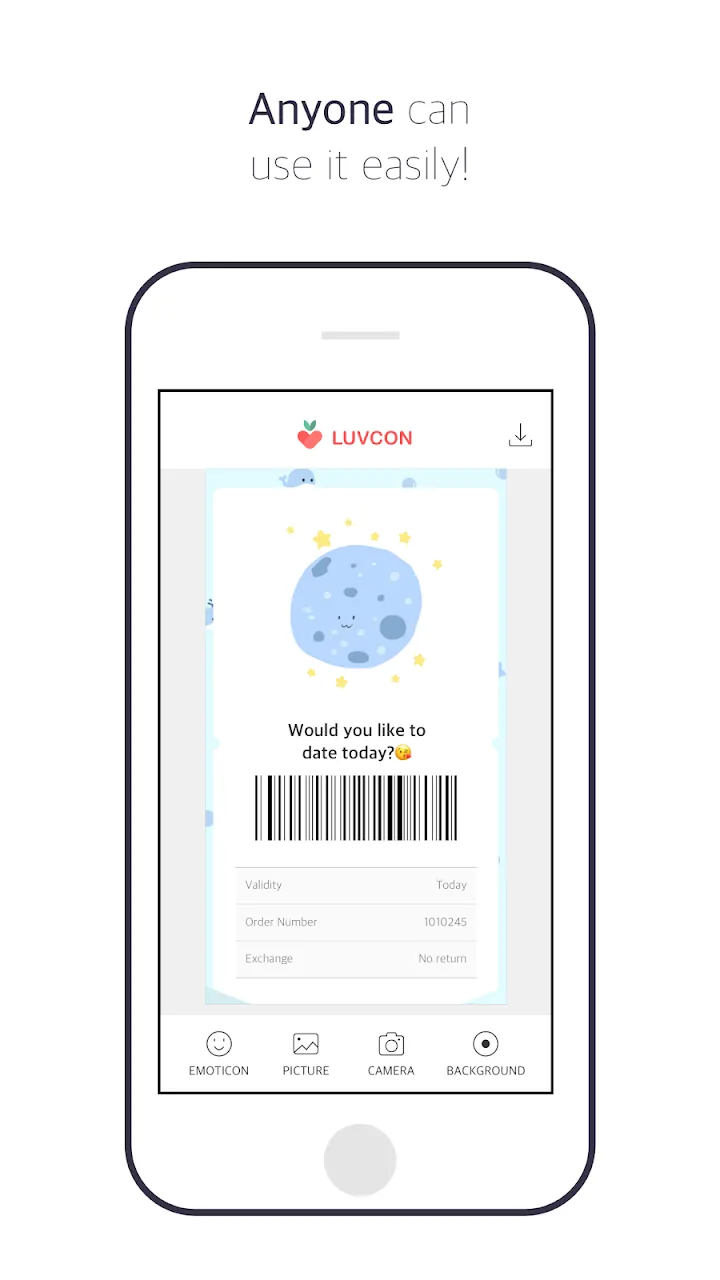 Coupon editor with emoticon, picture, camera and background menus