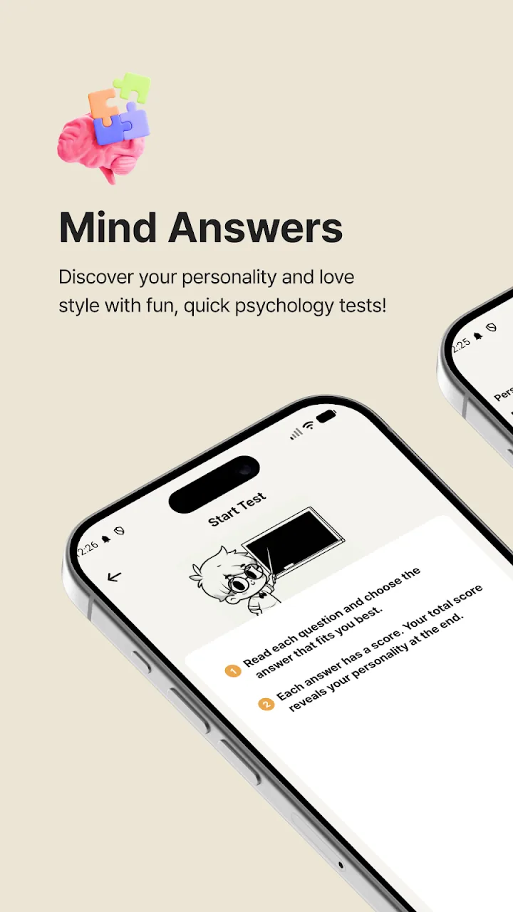 Mind Answers start screen and test list