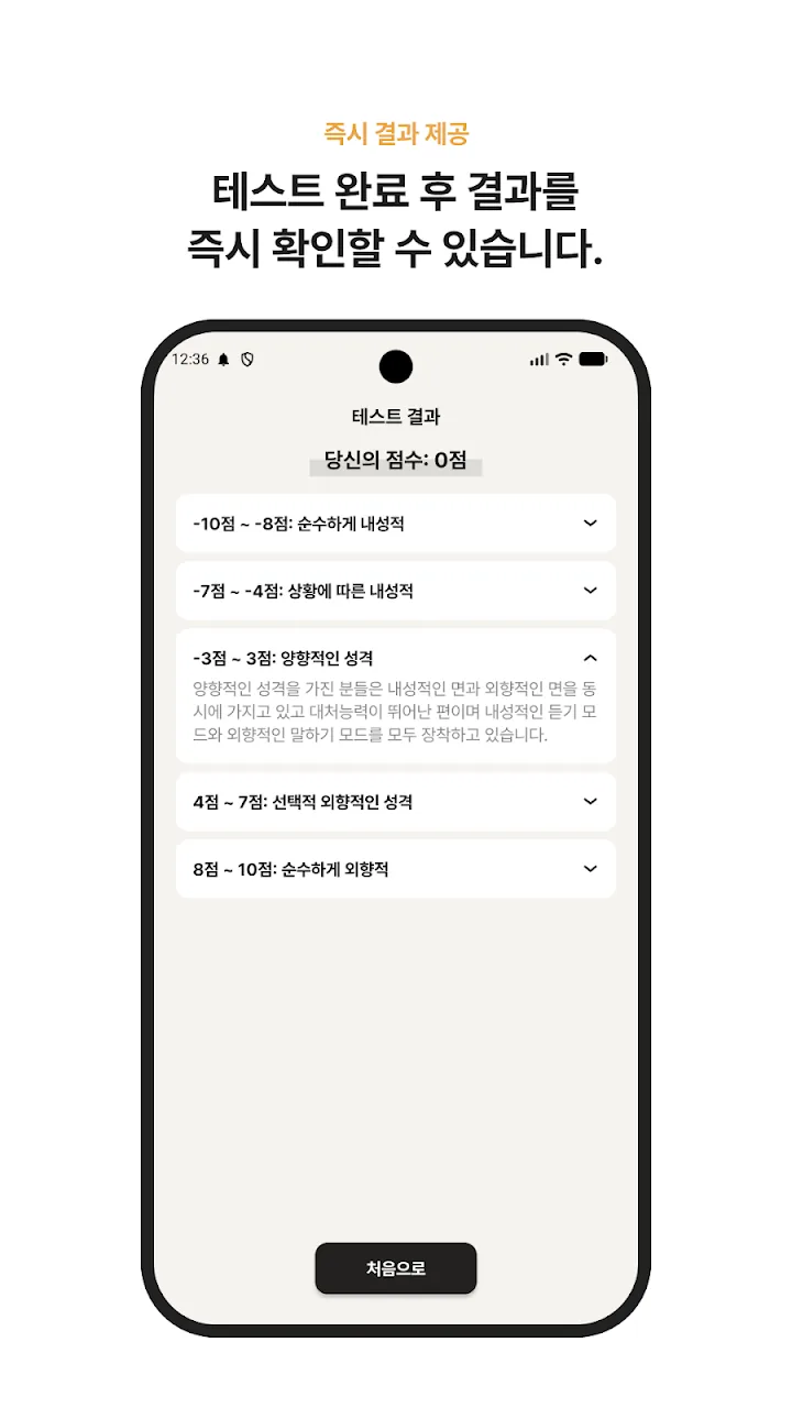 점수별 성격 유형 결과 화면