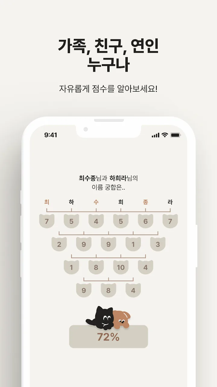 두 이름의 획수를 더해 궁합 점수 72%가 나온 결과 화면