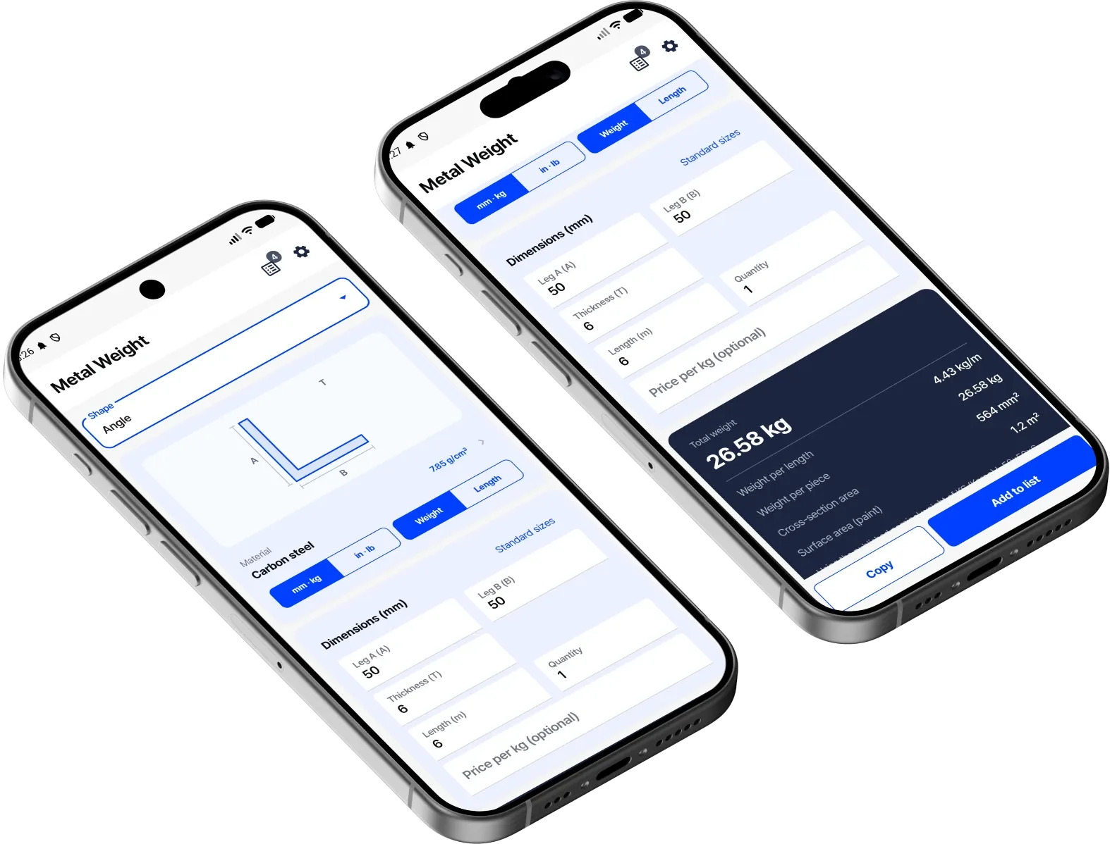 Steel Weight Calc angle weight calculation screens