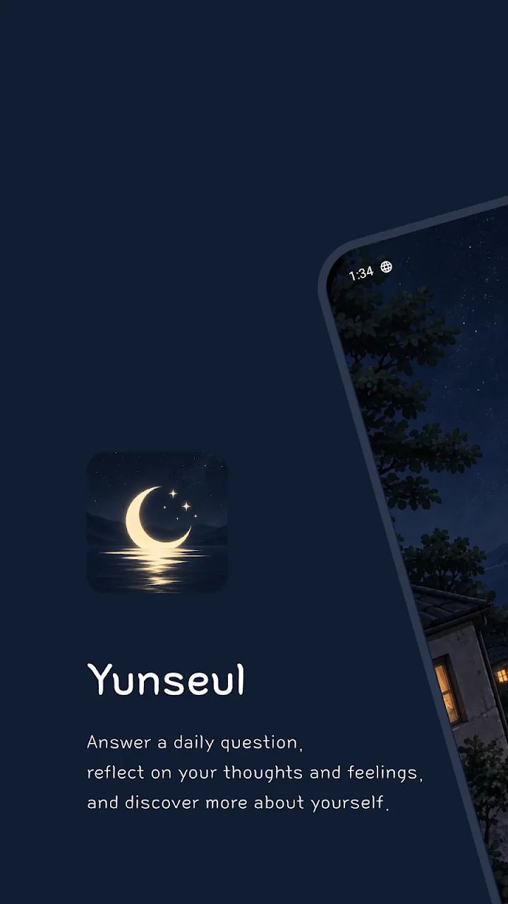 Yunseul home screen with today’s question over a night village